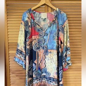 JADE by JOHNNY WAS SZ M DARIA TUNIC BEADED TASSELS BEAUTIFUL PRINT Boho